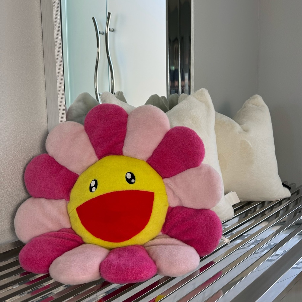 Plush Pink & Yellow Flower Accent Pillow - Cheerful Home Accent